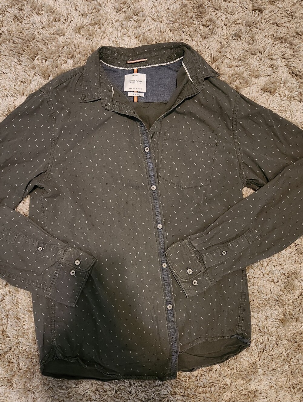 Denim & Flower Slim Fit Olive Green Button-Down Shirt with Subtle Arrow Print